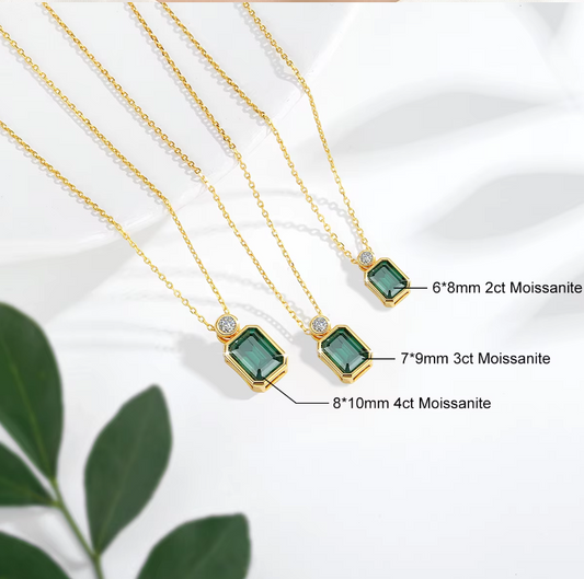 14K Gold with 2CT/3CT/4CT Carat Emerald Cut Green Moissanite Pendant – B1-GNC-08-AAA