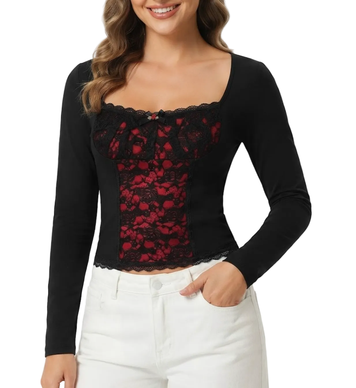 Timeless & Elegant Long Sleeve Lace Contrast Square Neck Blouses for Women - BP-B20 -TOP-86