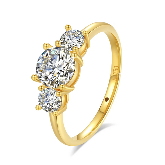Luxury 3 Stud Diamond Ring - Real 18K Gold 5d Hollow 2 Carat Moissanite Diamond in Centre & 2x 0.3ct Side Studs Ring B1-GR-06
