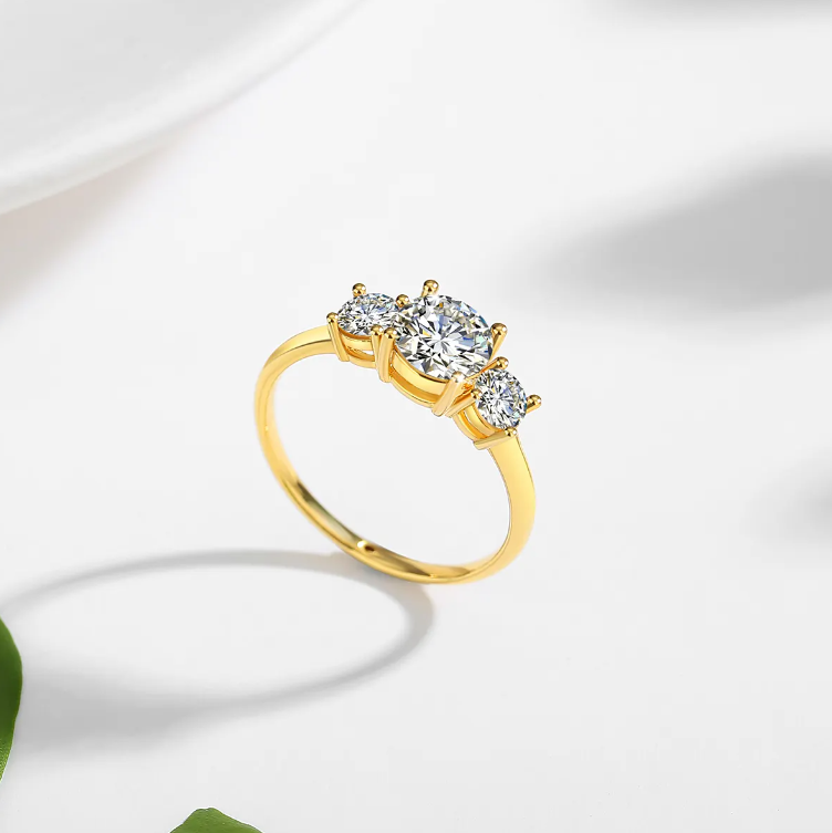 Luxury 3 Stud Diamond Ring - Real 18K Gold 5d Hollow 2 Carat Moissanite Diamond in Centre & 2x 0.3ct Side Studs Ring B1-GR-06