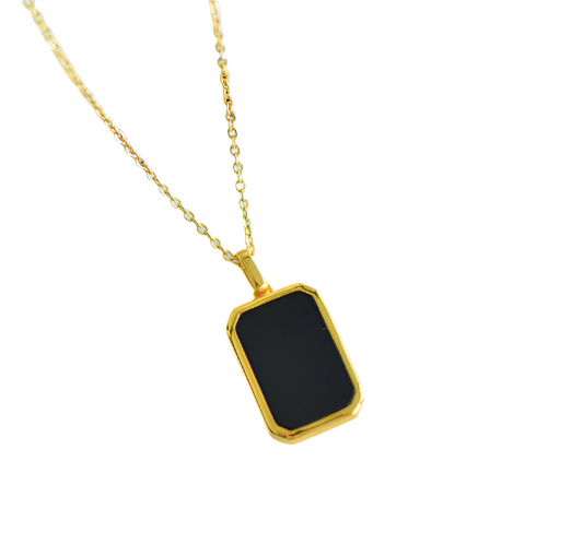 18k Gold Pendant - 5d Real Hard Gold Rectangular Natural Black Agate 1 Gram Stone Setting Pendant B1-GNC-03