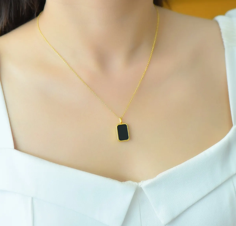 18k Gold Pendant - 5d Real Hard Gold Rectangular Natural Black Agate 1 Gram Stone Setting Pendant B1-GNC-03