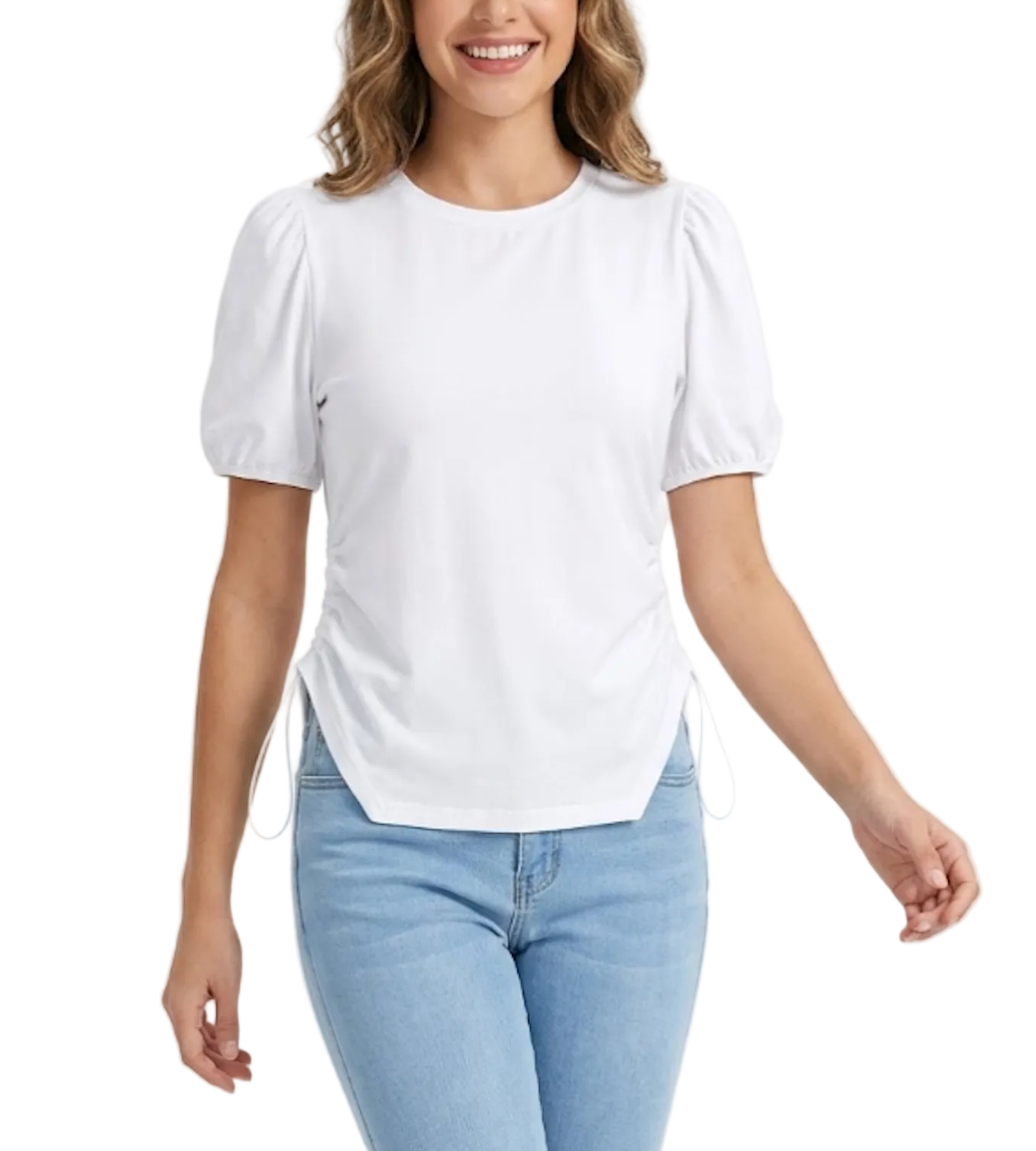 Round Neck Slim Waist Versatile Bubble Sleeve Women's T-shirt -B6-TOP-B662