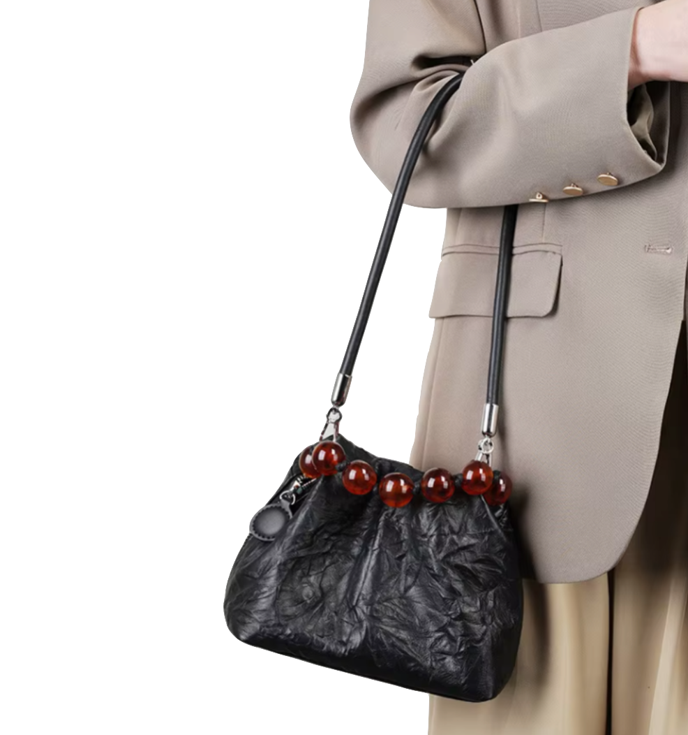 Trendy & Elegant Genuine Leather Designer Luxury Beaded Handle Handbags Shoulder Bag - B10-BAG-58