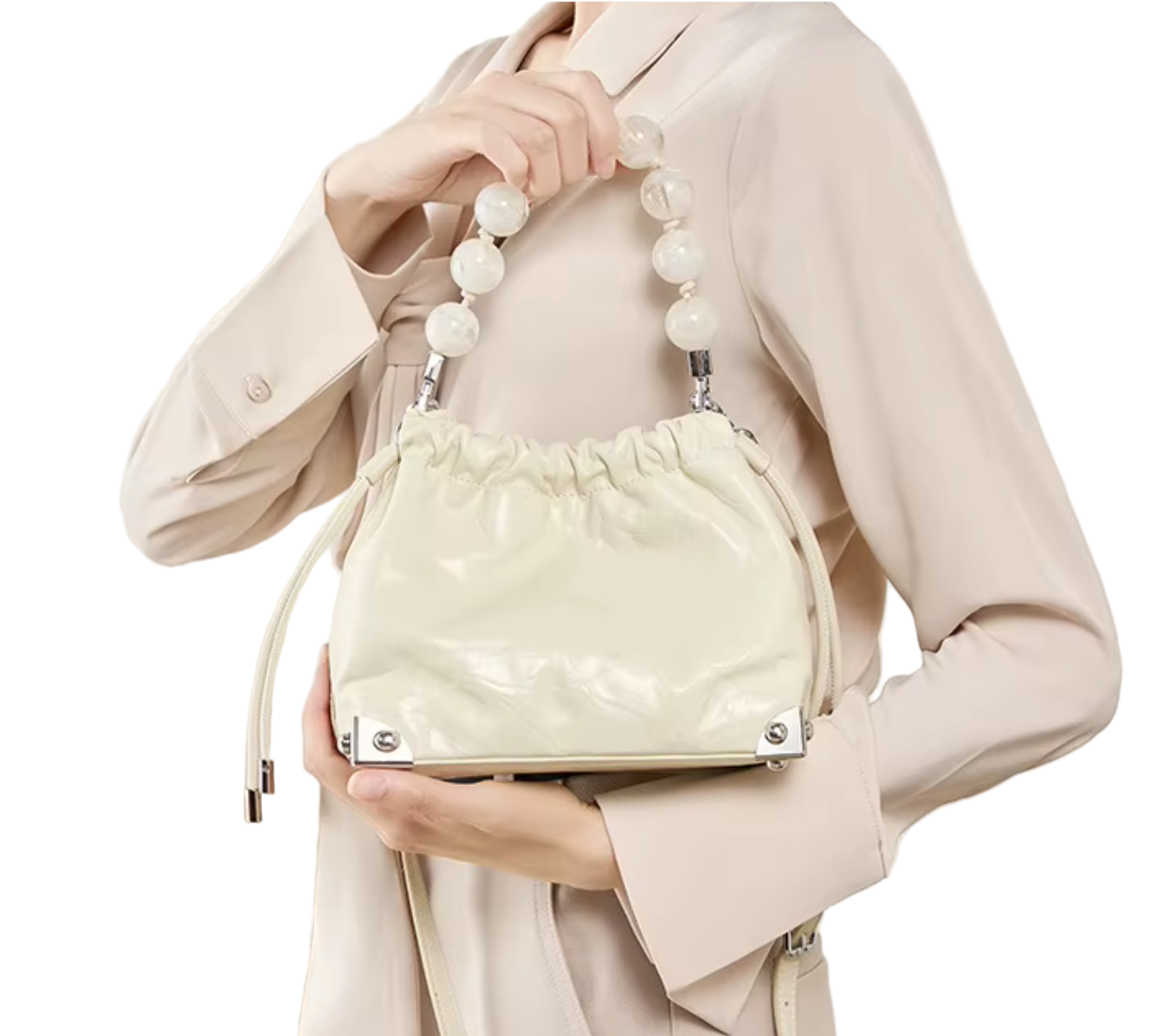 Trendy & Elegant Genuine Leather Designer Luxury Beaded Handle Handbags Shoulder Bag - B10-BAG-56