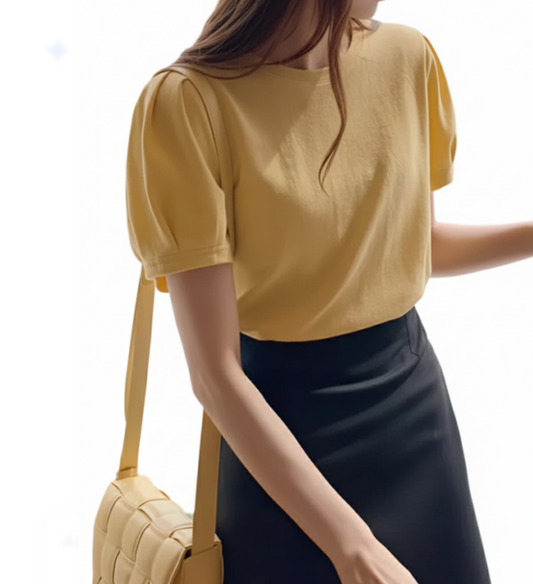 Trendy Women's O-neck Short- Puff Sleeve SHIRT-BL137