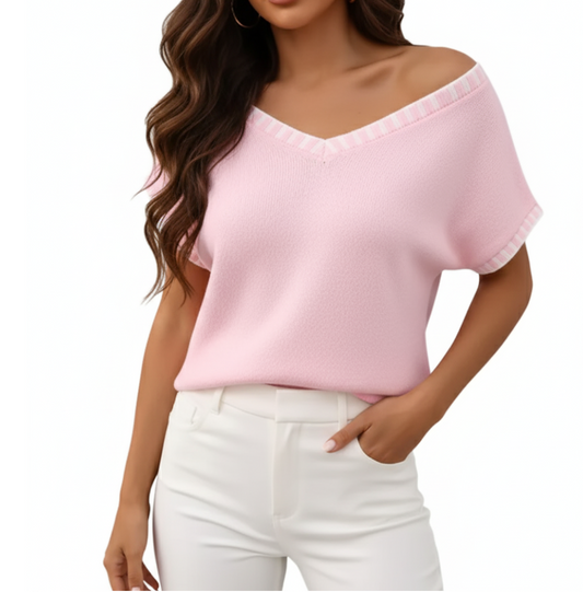 Trendy Short-Sleeved V-Neck Thin Knitted Pullover Woman's Shirt TOP-B1-BL-239