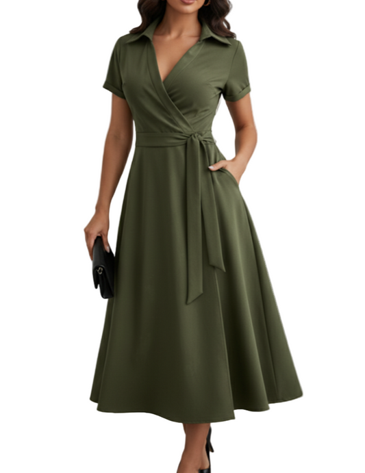 Trendy & Timeless V-neck Slim-Waist Belt A-line Dress for Women- DRESS-B02