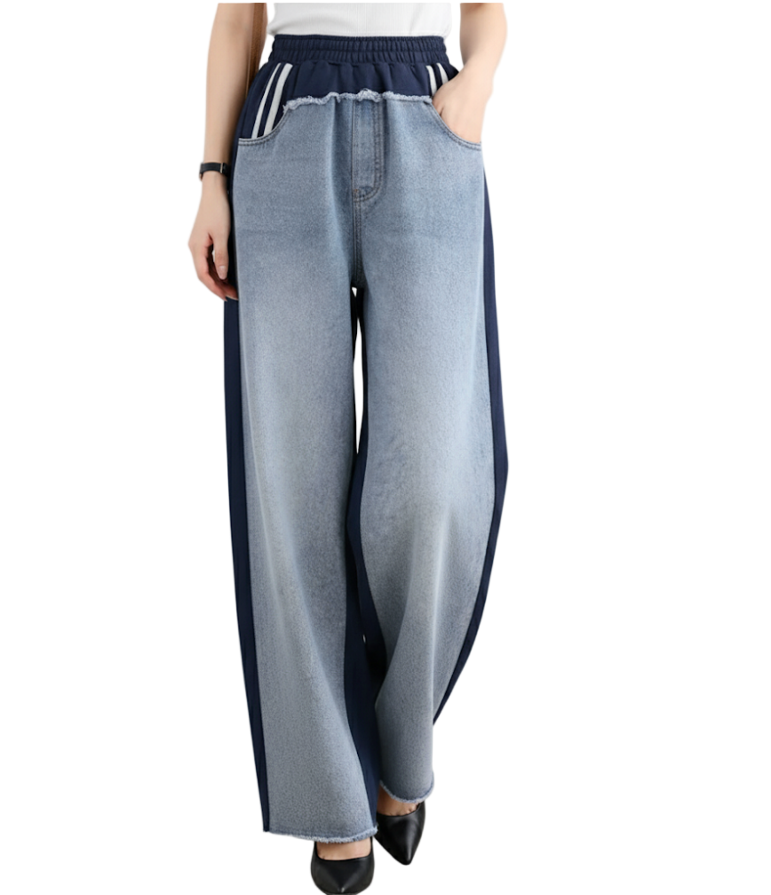 Trendy Two-Tone High Waist Wide Leg Women's Jogger Jeans -B6-JP-618