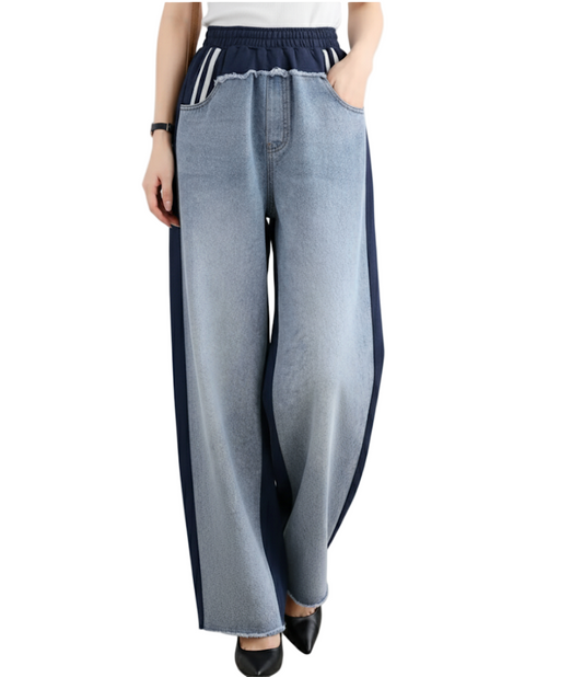 Trendy Two-Tone High Waist Wide Leg Women's Jogger Jeans -B6-JP-618