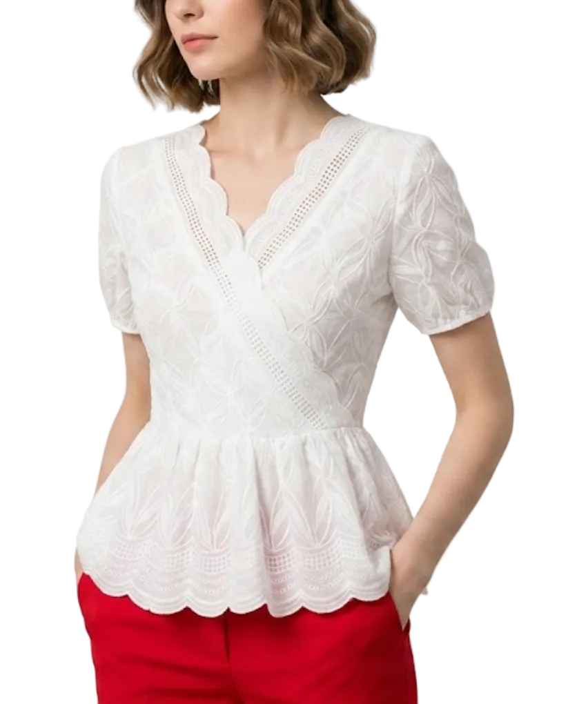 Elegant Embroidered V-neck Women’s Cotton Top with Short Sleeve – BL36