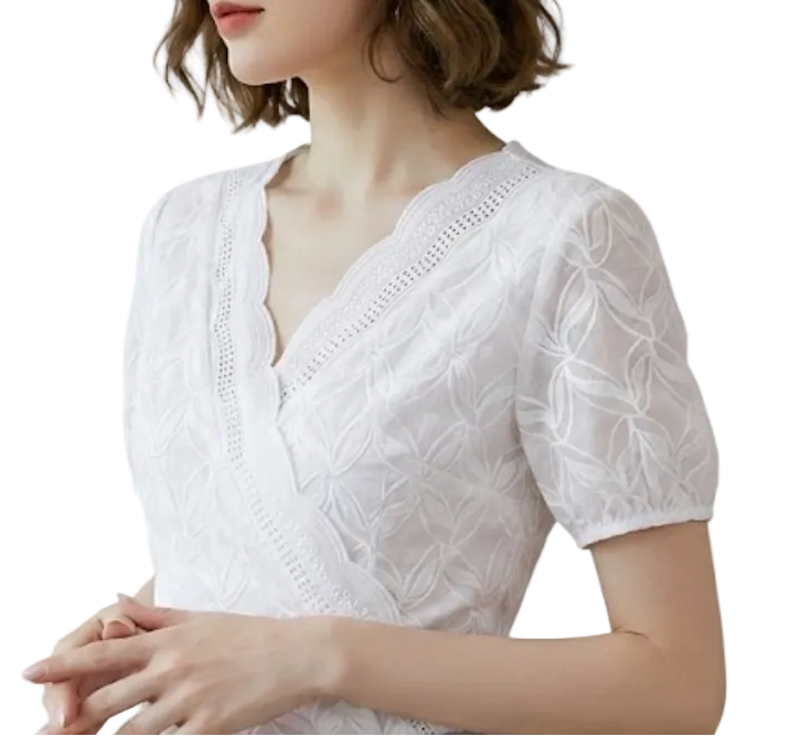 Elegant Embroidered V-neck Women’s Cotton Top with Short Sleeve – BL36