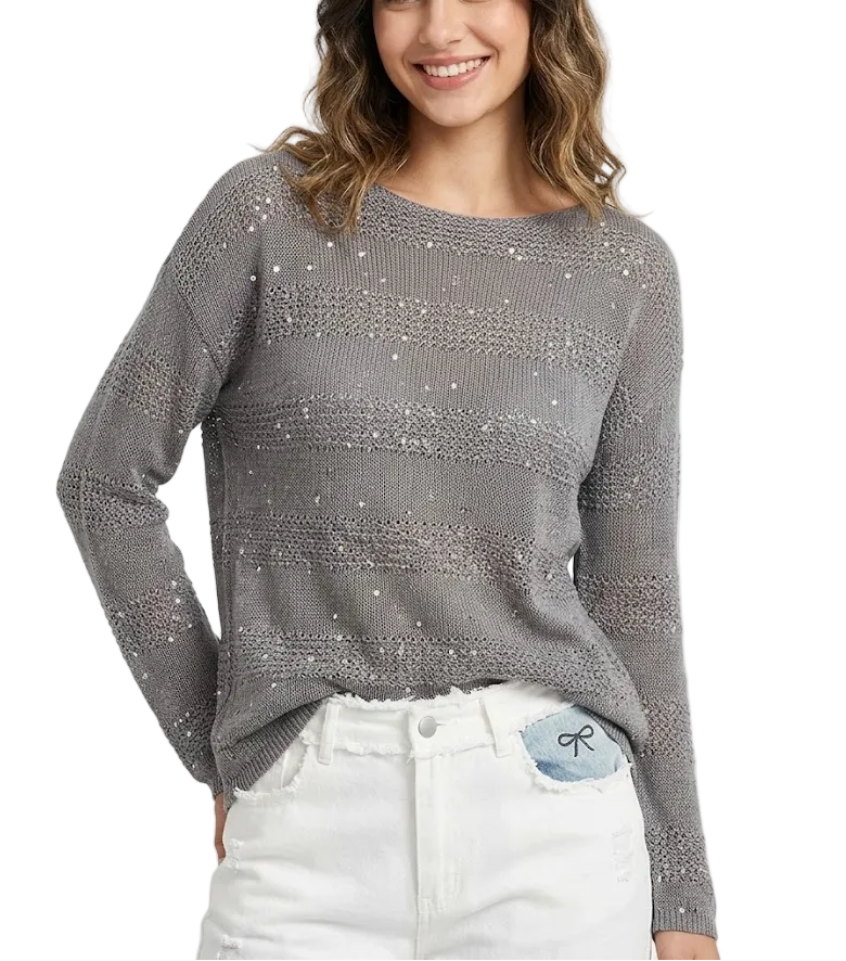 Timeless & Elegant Long Sleeve O-Neck Sequined Knitted Blouses for Women  - B6-TOP-B724