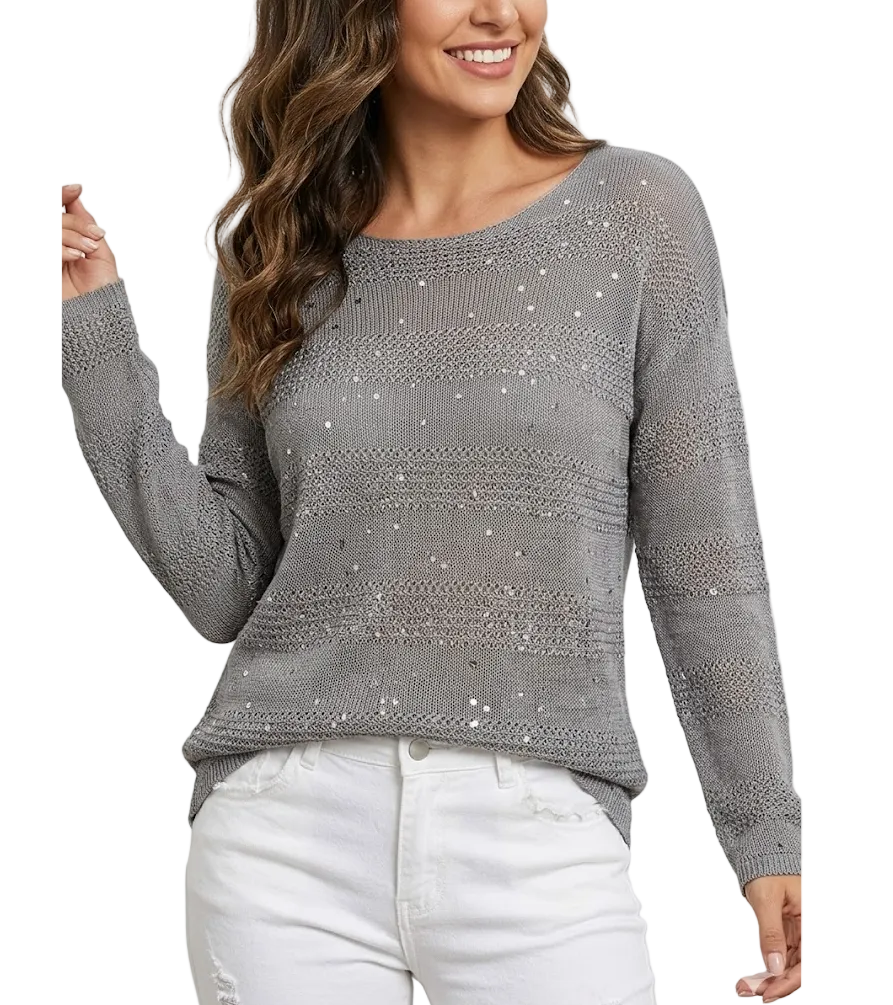 Timeless & Elegant Long Sleeve O-Neck Sequined Knitted Blouses for Women  - B6-TOP-B724