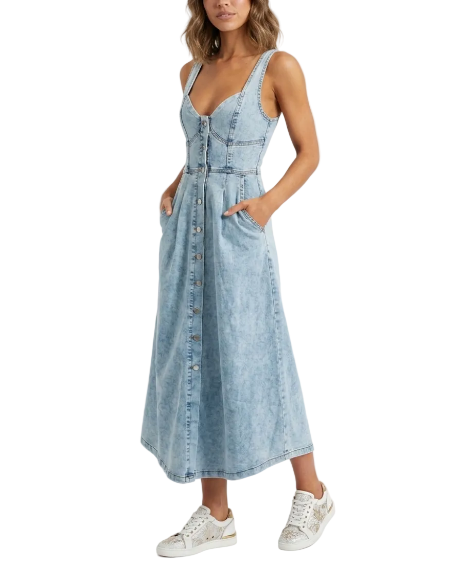 Trendy & Timeless Sleeveless Slim Waist Button Front Denim Dresses - B6-DRESS-20