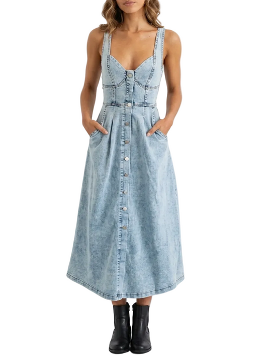 Trendy & Timeless Sleeveless Slim Waist Button Front Denim Dresses - B6-DRESS-20