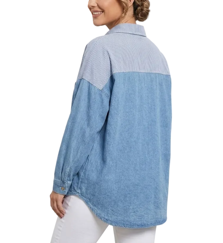 Denim Patchwork Striped Comfortable Women's Shirt TOP-B1-BL-286