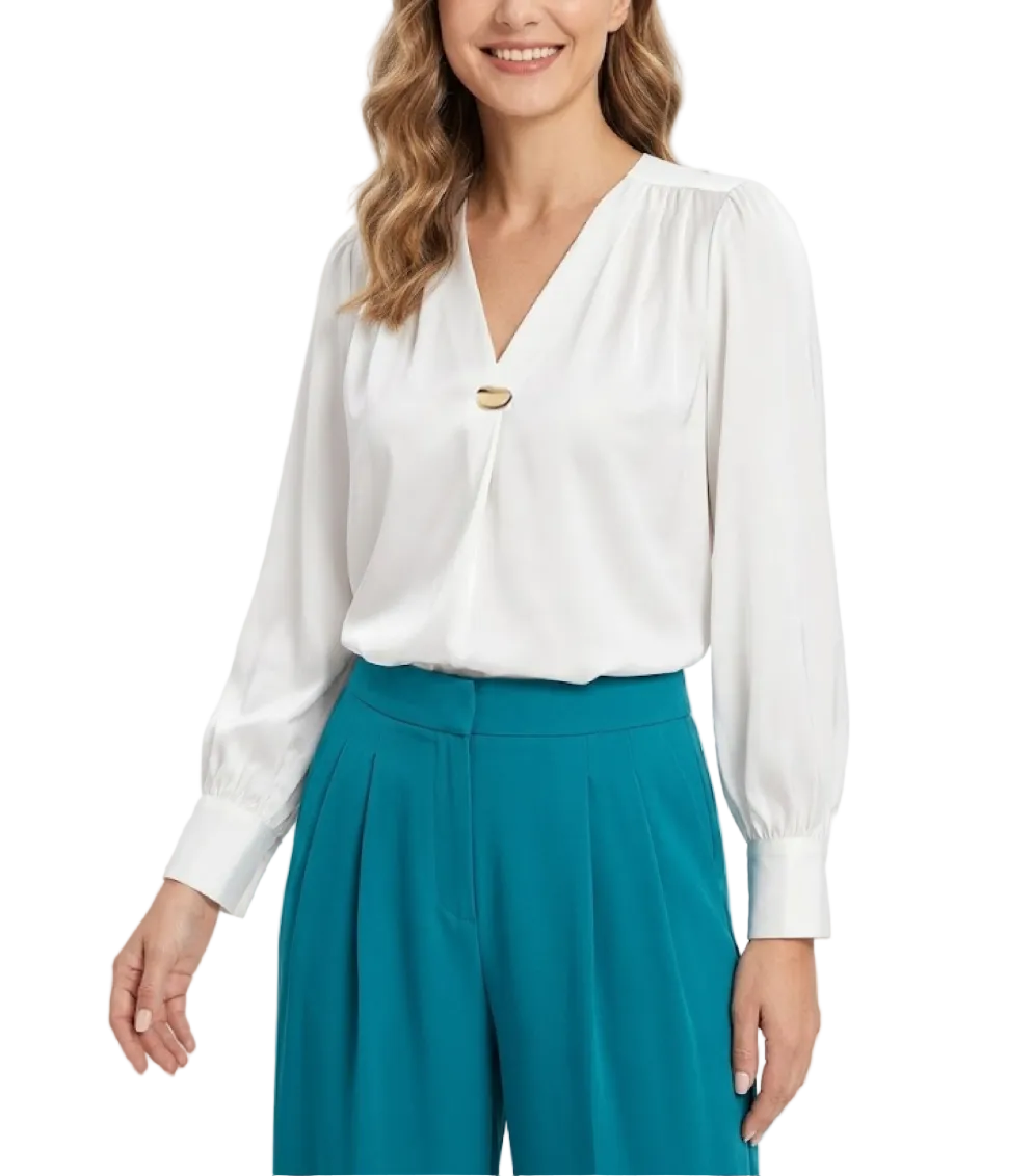 Trendy & Timeless Long Sleeve V-neck Pleated Pullover Blouses for Women - B15-TOP-64