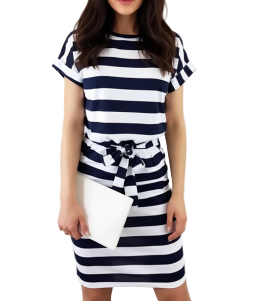 Short Sleeve Striped Waist Belt Knee Length Pencil Dress for Women – DRESS-B69