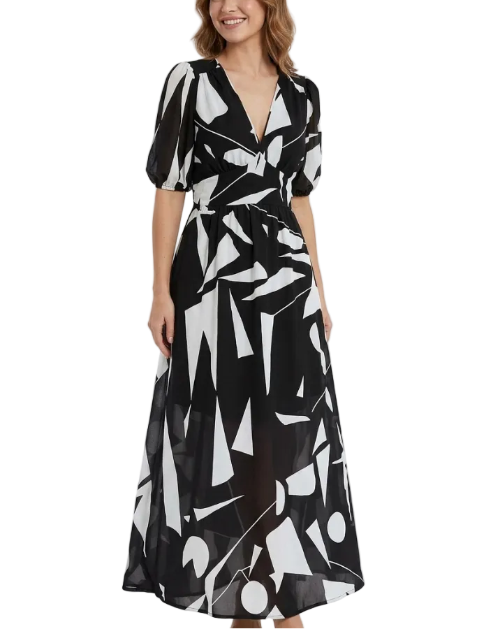 Short Sleeve V-neck Chiffon Floral Printed Slim Waist Dress for Women - Dress-B60