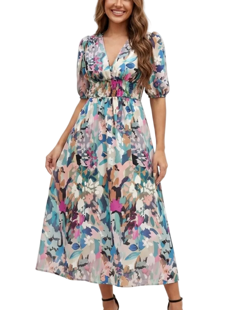 Short Sleeve V-neck Chiffon Floral Printed Slim Waist Dress for Women - Dress-B60