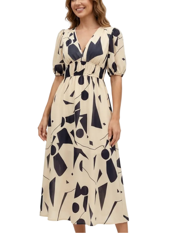 Short Sleeve V-neck Chiffon Floral Printed Slim Waist Dress for Women - Dress-B60