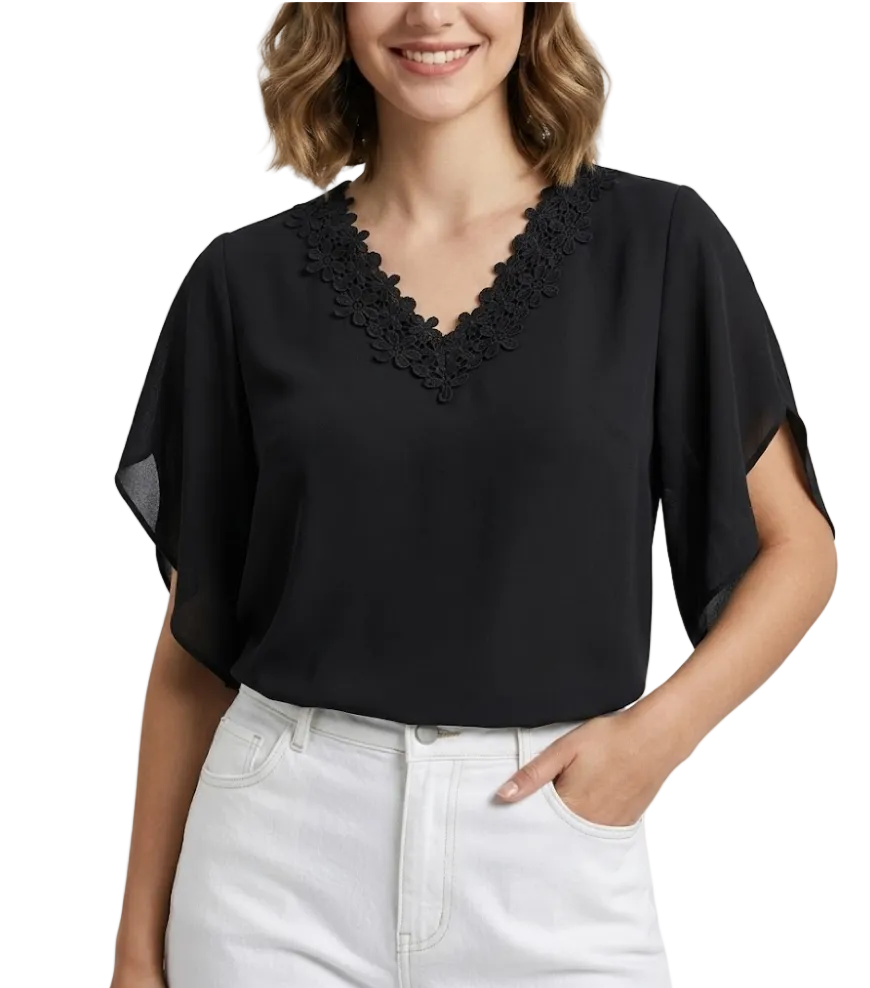 Solid Color Lace V-neck Flare Sleeve Top for Women – BL39