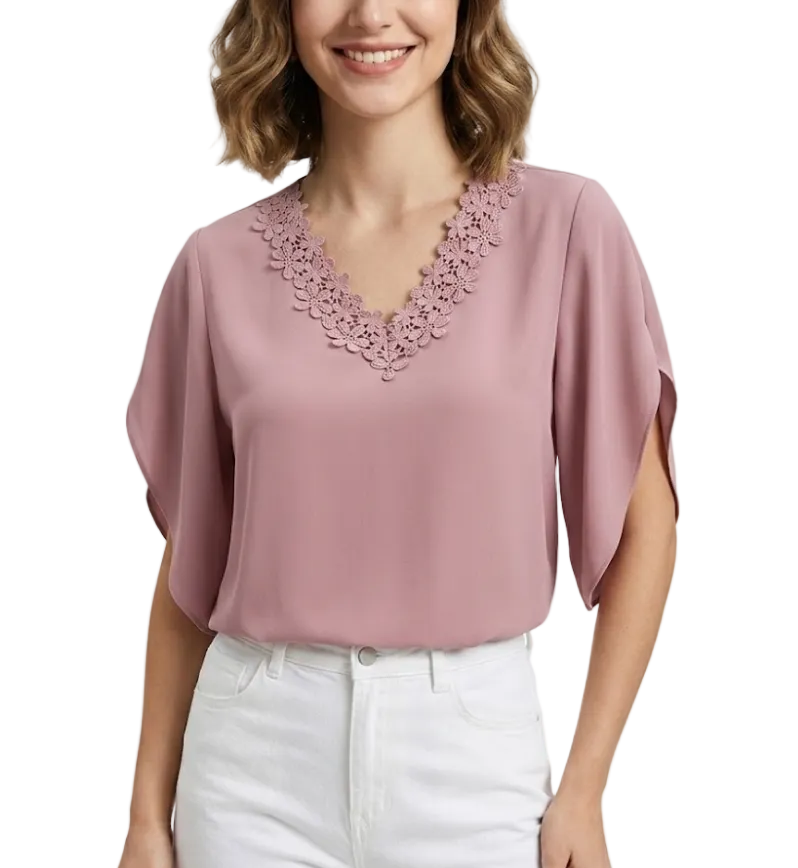 Solid Color Lace V-neck Flare Sleeve Top for Women – BL39