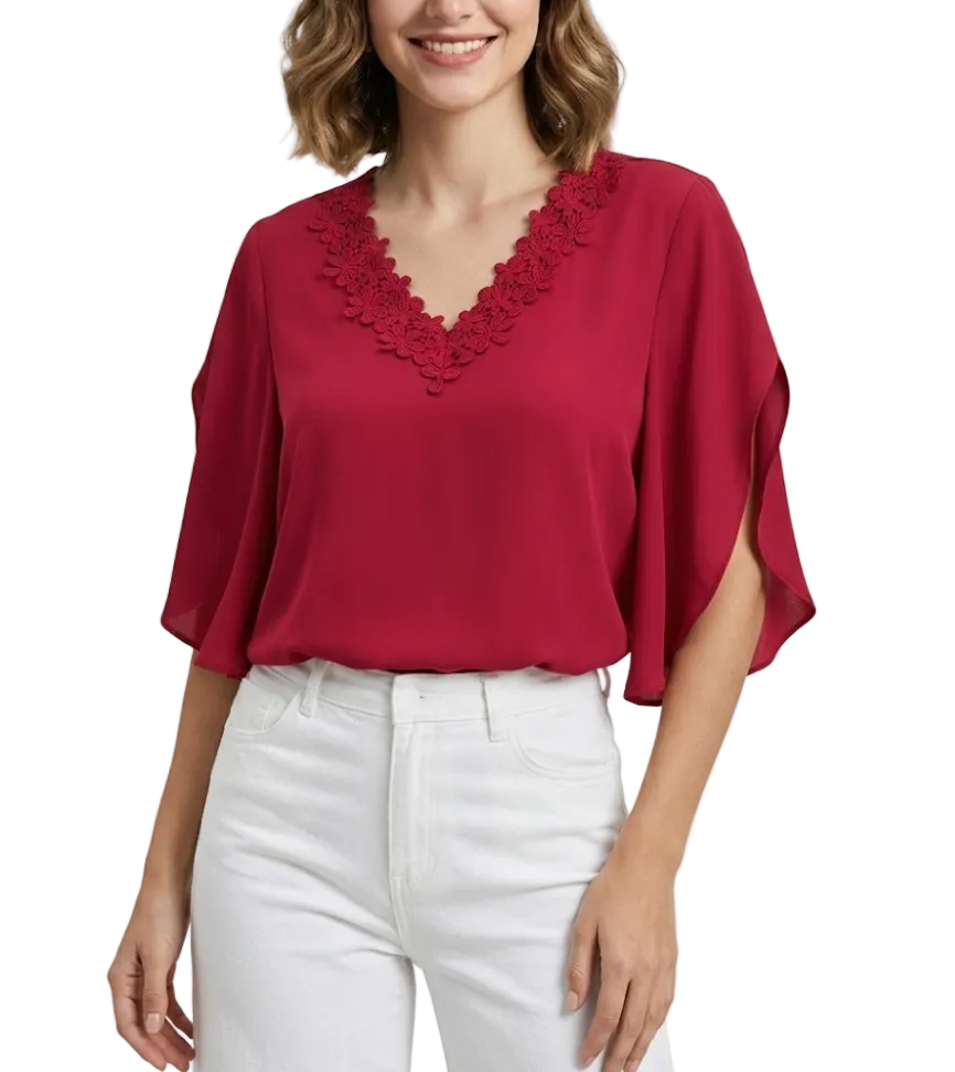 Solid Color Lace V-neck Flare Sleeve Top for Women – BL39
