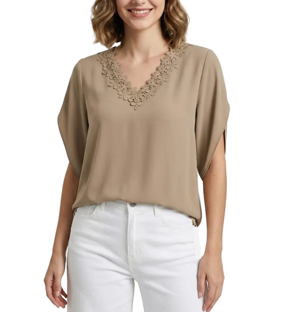 Solid Color Lace V-neck Flare Sleeve Top for Women – BL39