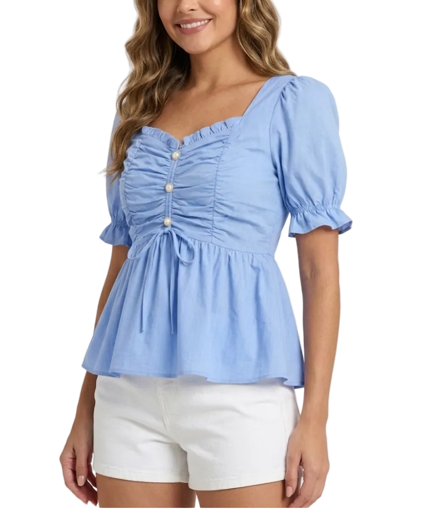 Square Neck-line Pleated front and Short Sleeve with Back Elastic Top for Women- BL51