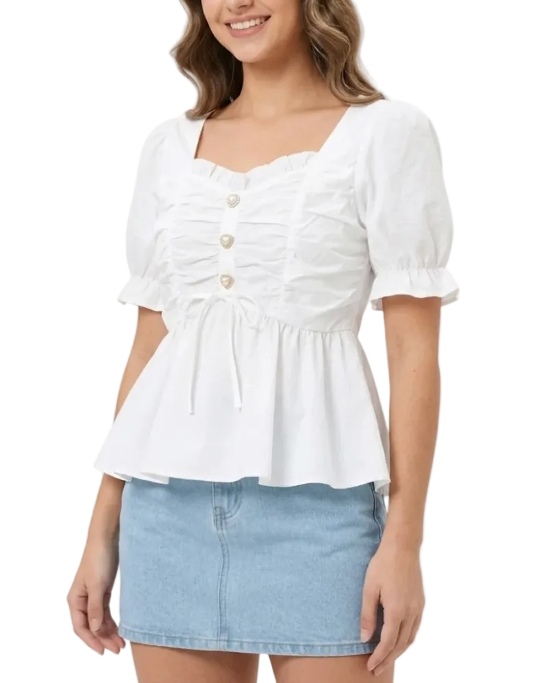 Square Neck-line Pleated front and Short Sleeve with Back Elastic Top for Women- BL51