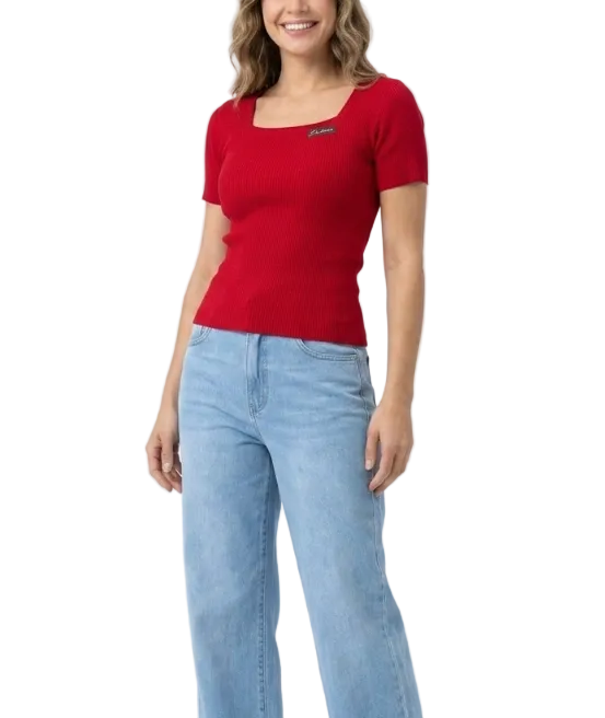 Square Neck Ice Silk Knitted Short Sleeve Women's T-shirt Blouse- B6-TOP-B654