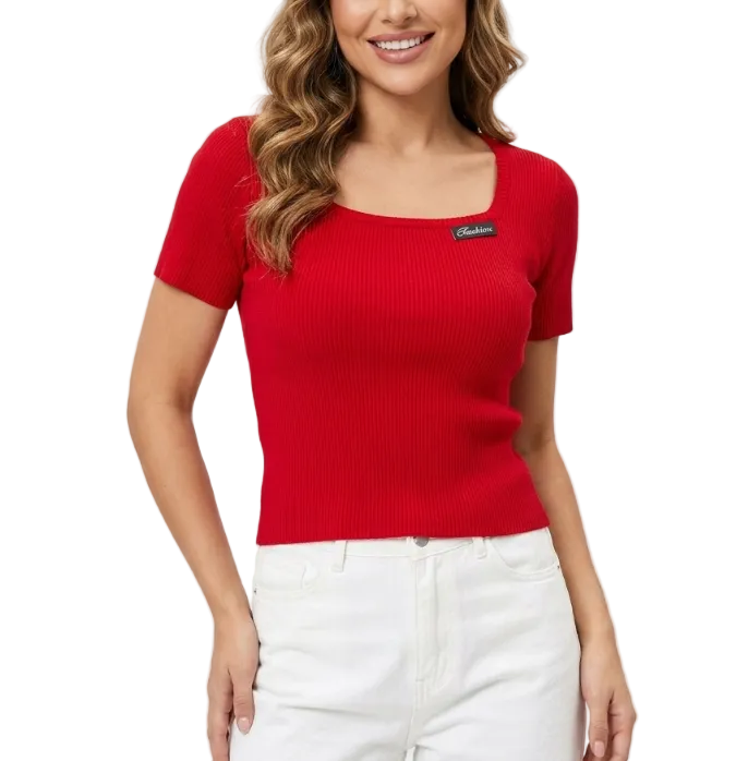 Square Neck Ice Silk Knitted Short Sleeve Women's T-shirt Blouse- B6-TOP-B654