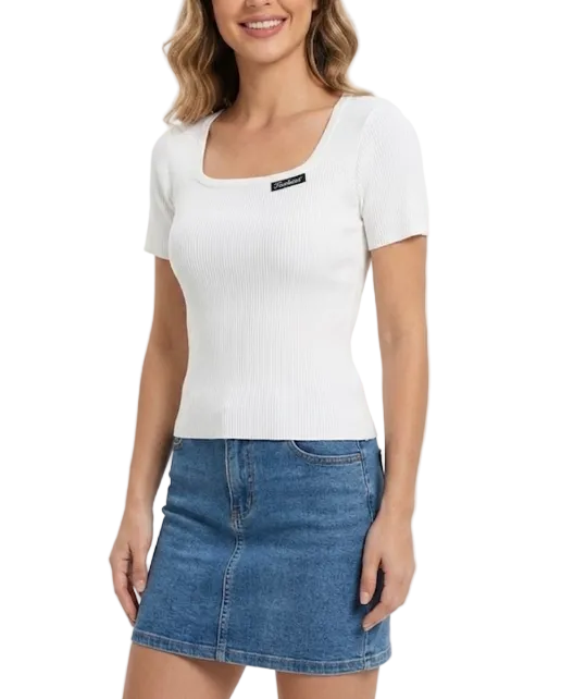 Square Neck Ice Silk Knitted Short Sleeve Women's T-shirt Blouse- B6-TOP-B654