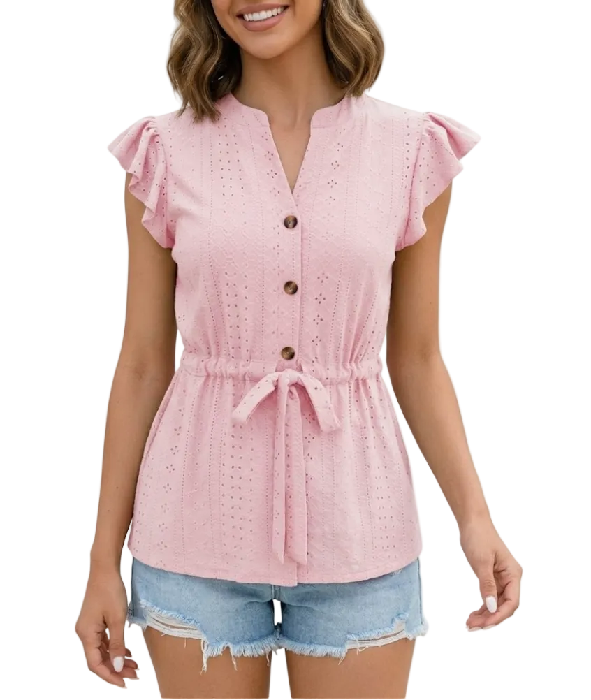 Stylist Embroidered V-neck Buttoned Women’s Top with Short Sleeve - BL26