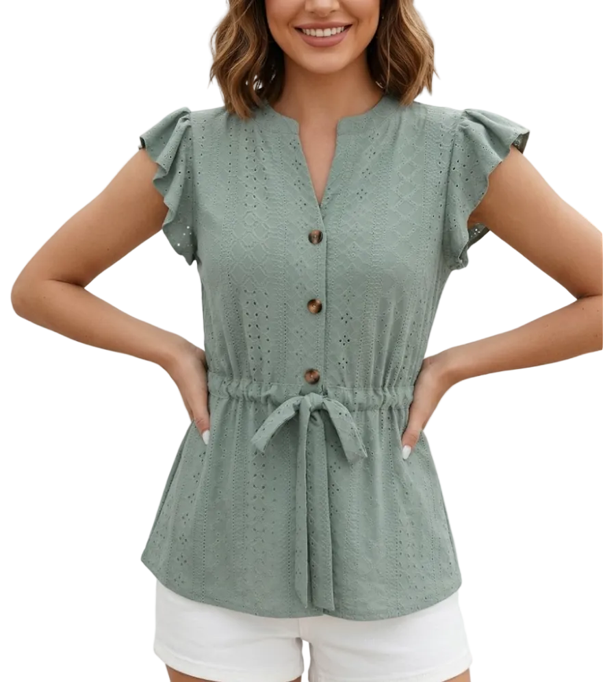 Stylist Embroidered V-neck Buttoned Women’s Top with Short Sleeve - BL26