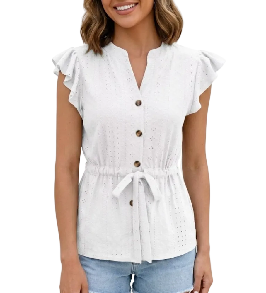Stylist Embroidered V-neck Buttoned Women’s Top with Short Sleeve - BL26