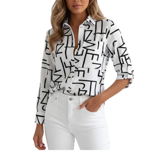 Stylist Letter Striped Turn Down Collar Buttoned Shirt for Women – BL44