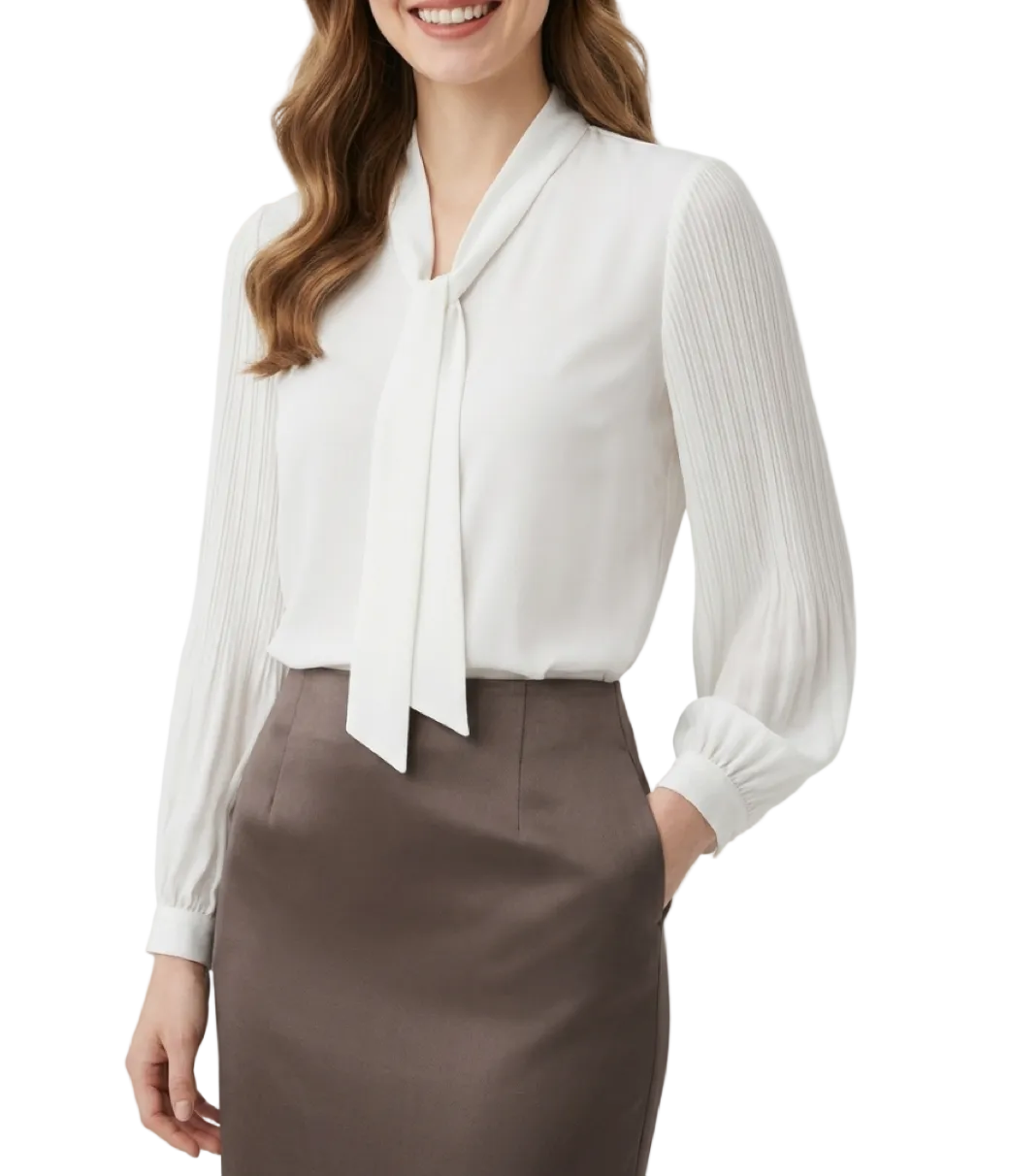 Timeless & Elegant  Long Sleeve Bow V-neck Chiffon Pullover Blouse for Women  - B13-TOP-107