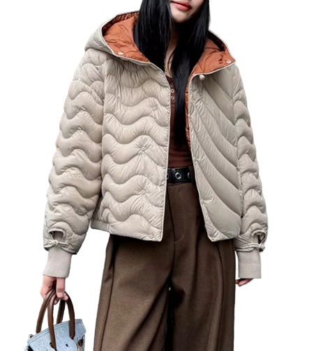 Timeless Hooded Lightweight Loose fit Wave Patterned Casual 90% White Duck Down Jacket for Women - B12-JKT-33