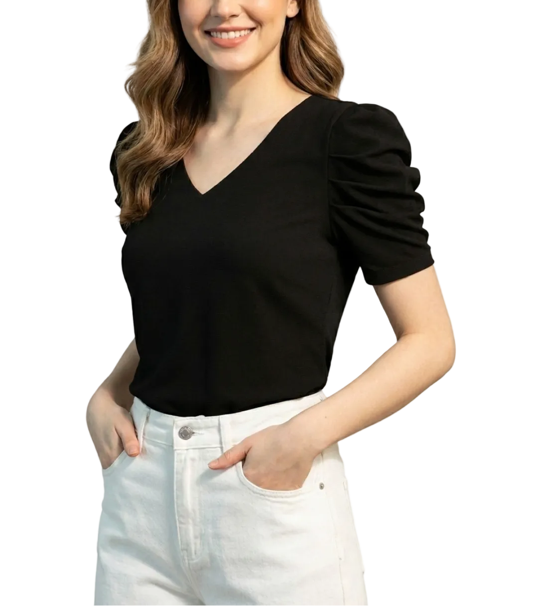 Women' Cotton Pleated Puff Sleeve V-neck SHIRT-BL106