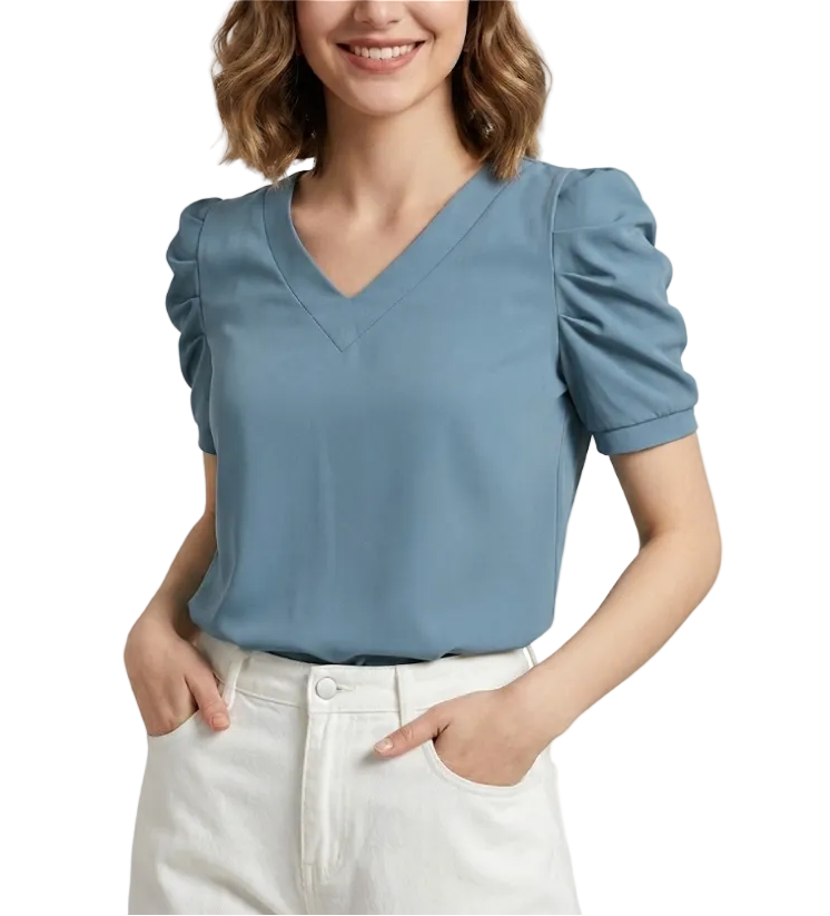 Women' Cotton Pleated Puff Sleeve V-neck SHIRT-BL106