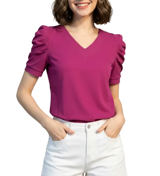 Women' Cotton Pleated Puff Sleeve V-neck SHIRT-BL106