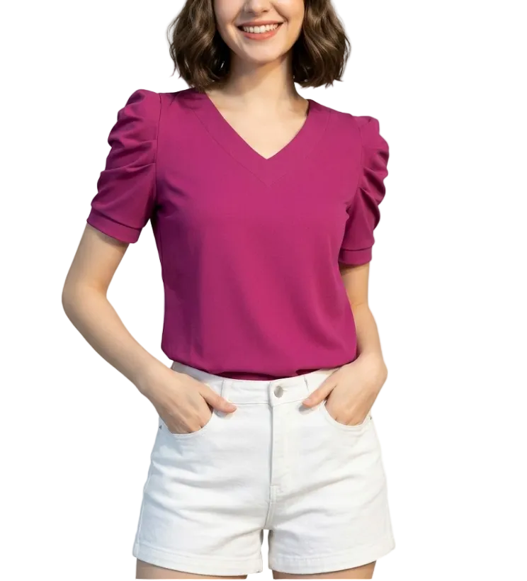Women' Cotton Pleated Puff Sleeve V-neck SHIRT-BL106