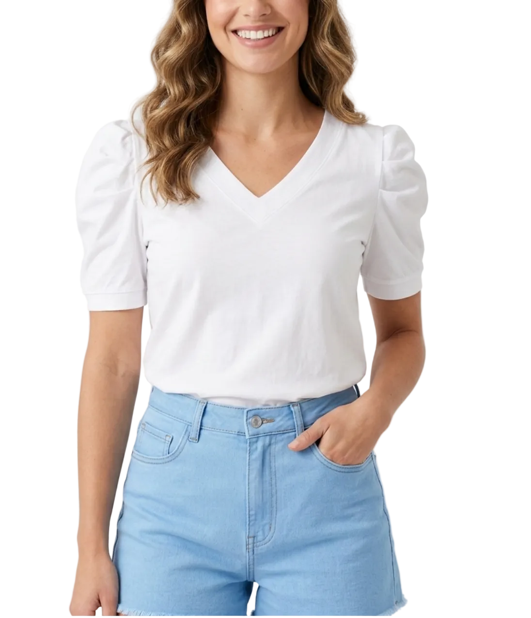 Women' Cotton Pleated Puff Sleeve V-neck SHIRT-BL106