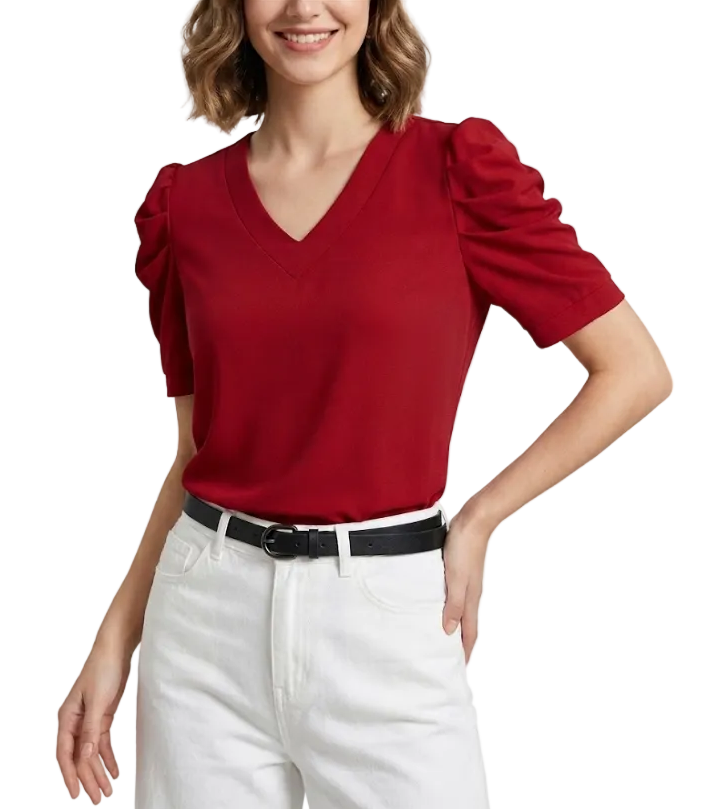 Women' Cotton Pleated Puff Sleeve V-neck SHIRT-BL106