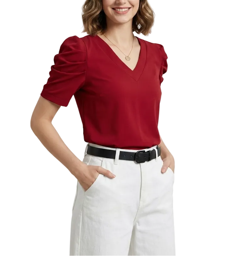Women' Cotton Pleated Puff Sleeve V-neck SHIRT-BL106