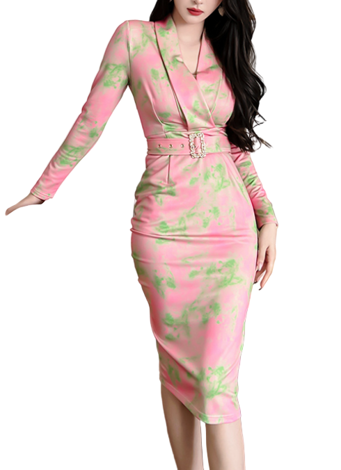 Timeless & Elegant Long Sleeve Belted Bodycon V-Neck Versatile Dresses  - B4-DRESS-B392