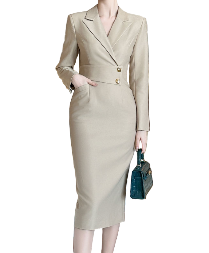 Timeless & Elegant Long Sleeve Lapel Neck Slim Waist Professional & Versatile Dresses  - B4-DRESS-B359